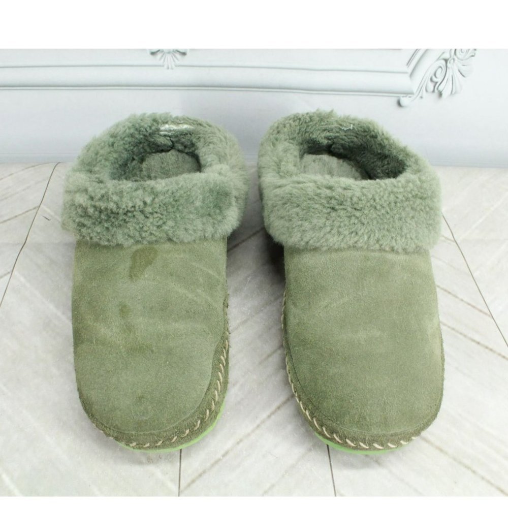 LL Bean Squam Lake Green Suede Wicked Good Shearling Lined Slippers Size 8 M - Picture 5 of 9